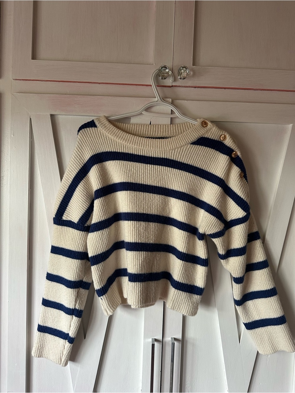 Crewneck Striped Button-Shoulder Sweater in Cream and Navy